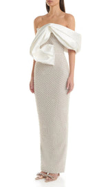 ADWEN WHITE DRAPED BARDOT PEARL MAXI DRESS-Fashionslee