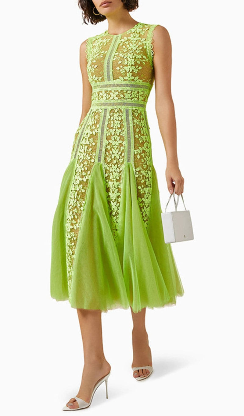 AUDRIANNA GREEN EMBROIDERY MESH MIDI DRESS-Fashionslee