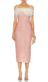 ALEKA PINK SEQUIN FEATHER MIDI DRESS-Fashionslee