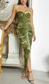 AHAVA GREEN VELVET SLIT MAXI DRESS-Fashionslee