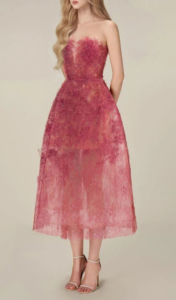 ALLYSON ROSE RED FLORAL LACE EMBROIDER MIDI DRESS-Fashionslee