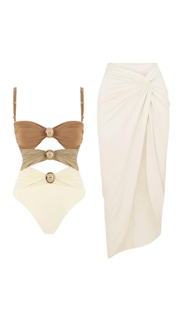 AIZA BROWN CUTOUT ONE PIECE SWIMSUIT AND SARONG-Fashionslee
