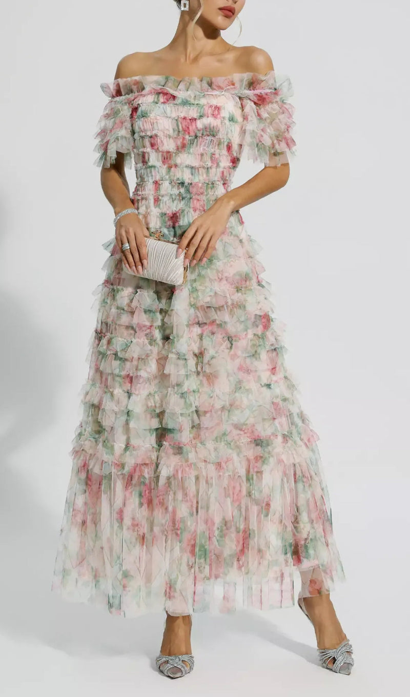 ADJOA PINK RUCHED FLORAL MAXI DRESS-Fashionslee