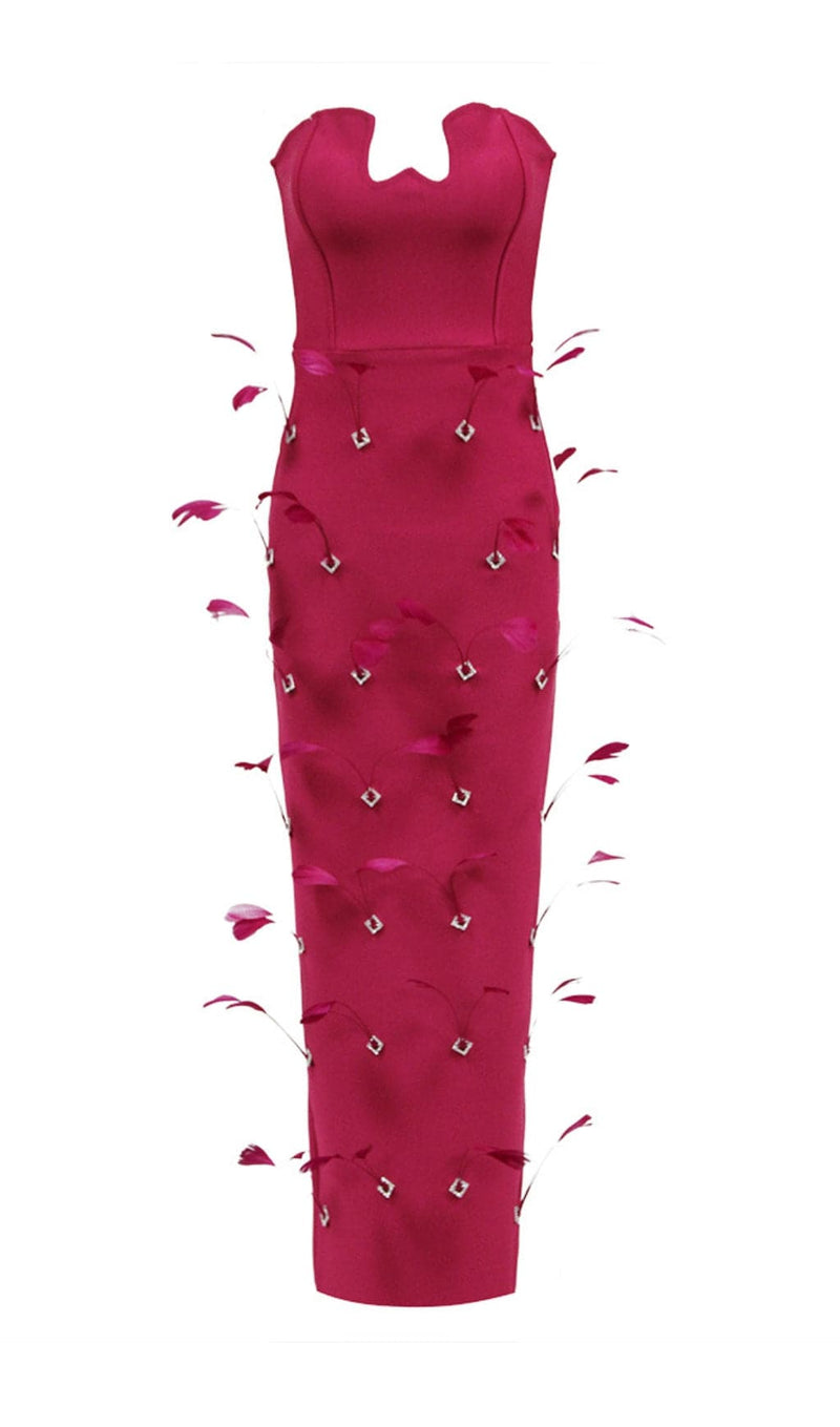 ATERET ROSE RED FEATHER BANDAGE MAXI DRESS-Fashionslee