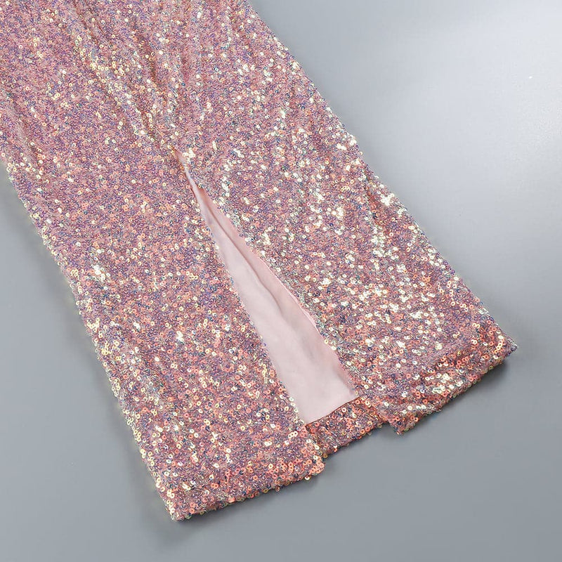 ALEKA PINK SEQUIN FEATHER MIDI DRESS-Fashionslee