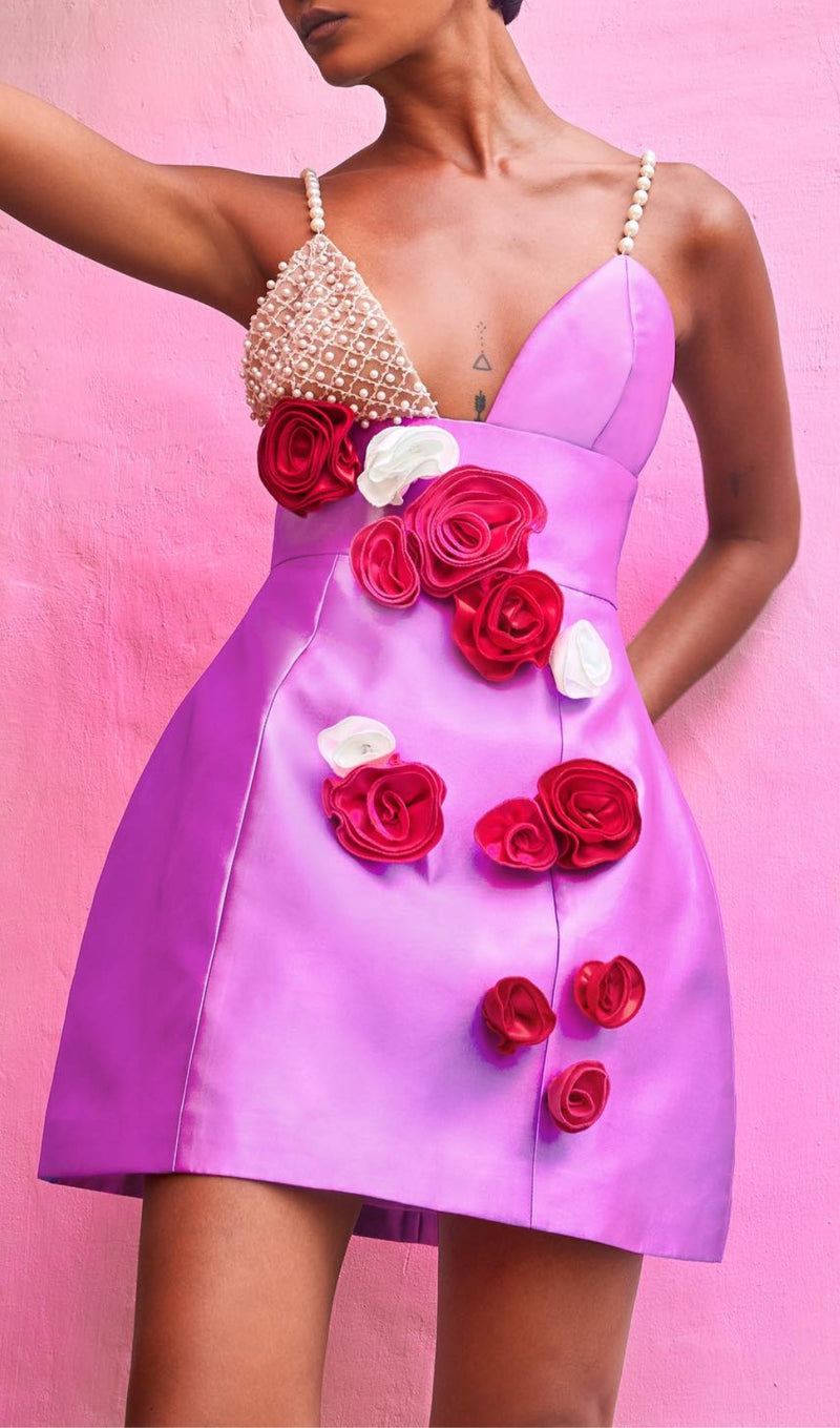 AKILI PINK BEADING FLOWER DRESS-Fashionslee