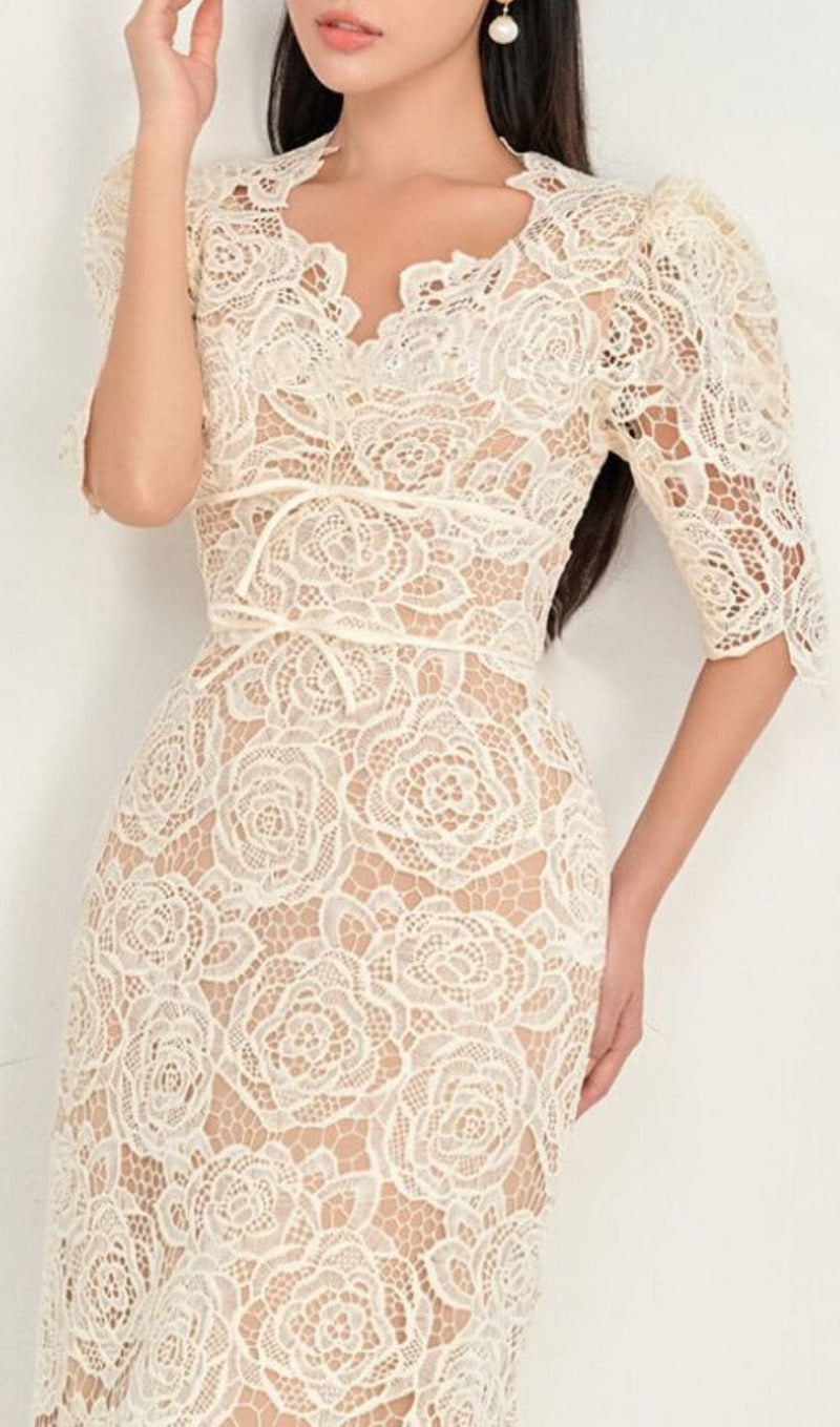 ALAYJA WHITE ROSE EMBROIDERY MIDI DRESS-Fashionslee