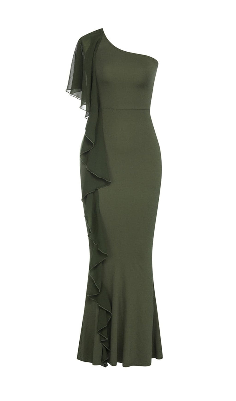 AMRO GREEN ONE SHOULDER RUFFLE DRESS-Fashionslee