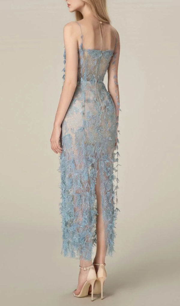 ARGO BLUE BEAD LACE PENCIL DRESS-Fashionslee