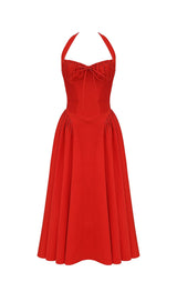 ASHLEEN RED HALTER MIDI DRESS-Fashionslee