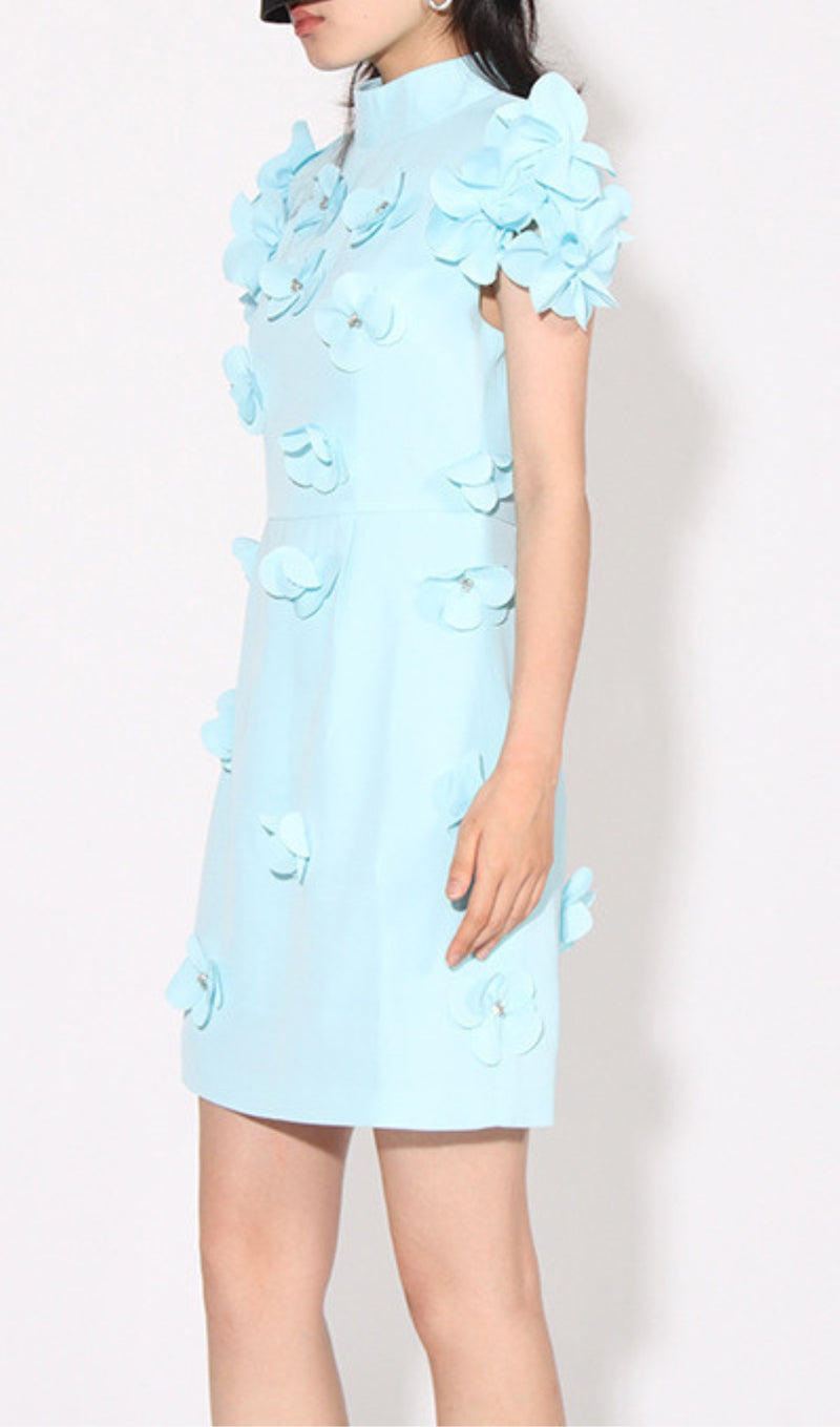 ARCE BLUE FLOWER DECOR MINI DRESS-Fashionslee