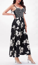 AFRODITI BLACK BEAD FLORAL MAXI DRESS-Fashionslee