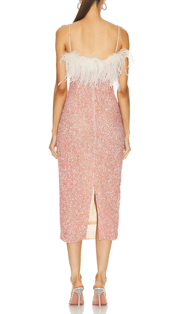 ALEKA PINK SEQUIN FEATHER MIDI DRESS-Fashionslee