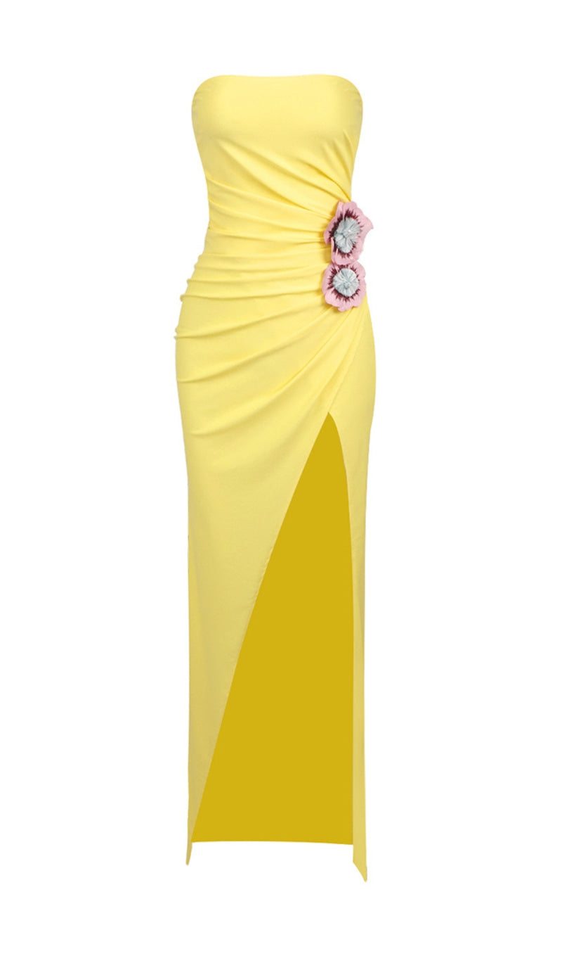 ATEPA YELLOW FLOWER SPLIT MAXI DRESS-Fashionslee