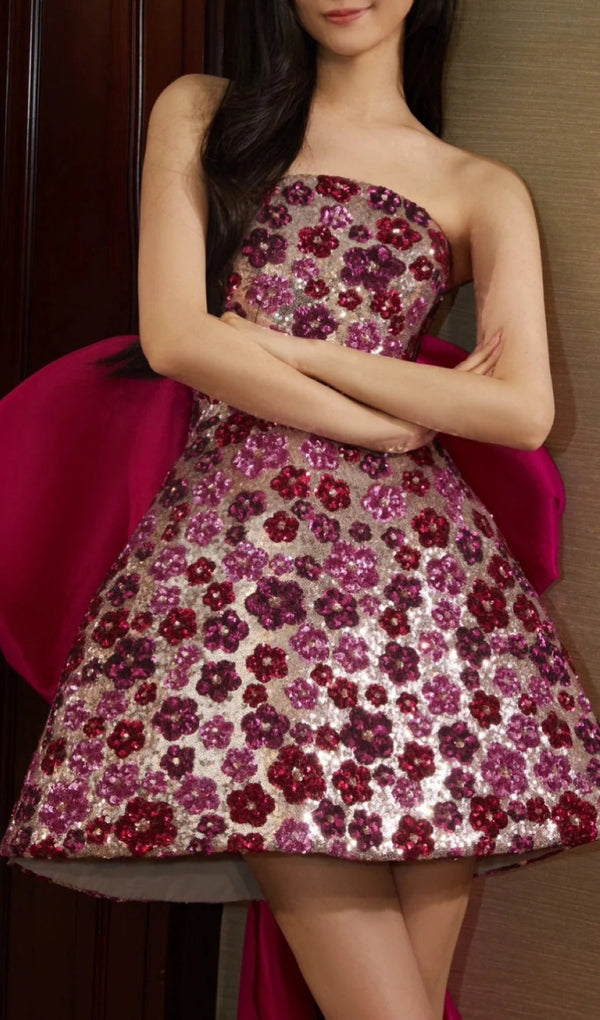 AIZAH PINK FLOWER SEQUIN MINI DRESS-Fashionslee