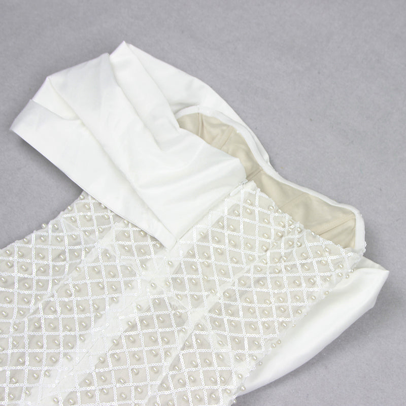 ADWEN WHITE DRAPED BARDOT PEARL MAXI DRESS-Fashionslee