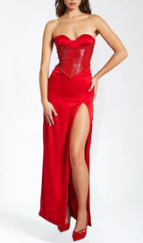 APRIL RED CRYSTAL CORSET GOWN-Fashionslee