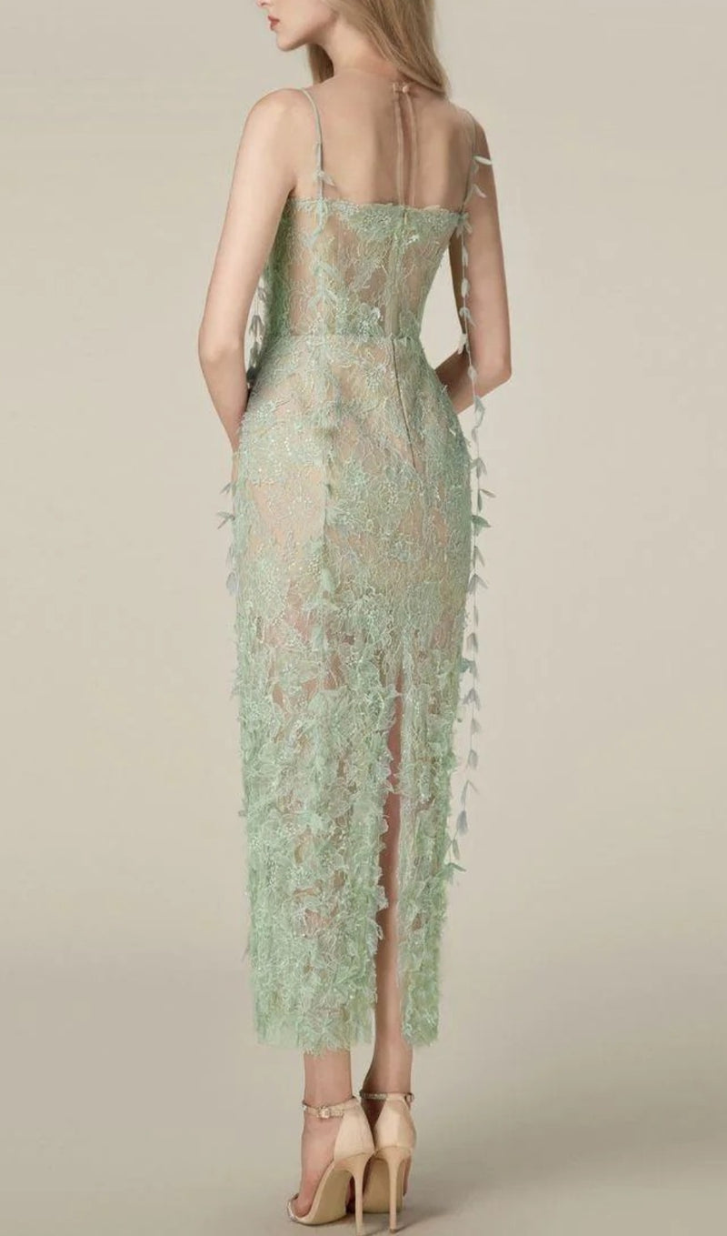 ARGO GREEN BEAD LACE PENCIL DRESS-Fashionslee