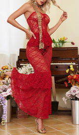 ADDILYN RED STRAPLESS LACE MERMAID DRESS-Fashionslee