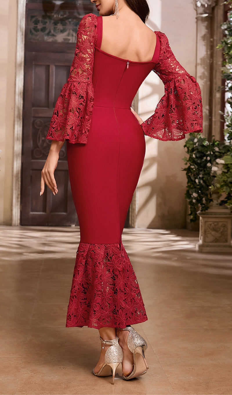 ALZIRA RED LACE BANDAGE MAXI DRESS-Fashionslee