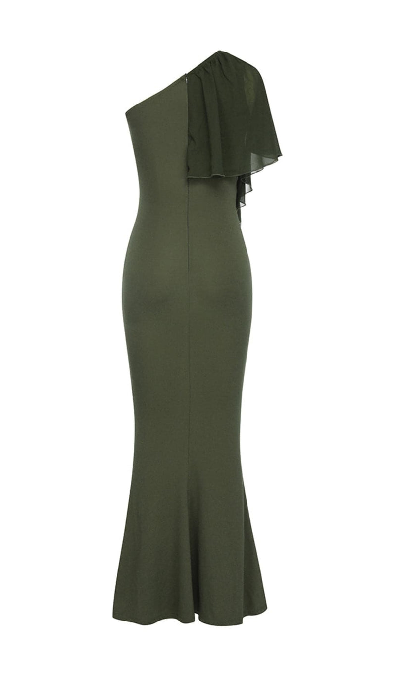 AMRO GREEN ONE SHOULDER RUFFLE DRESS-Fashionslee