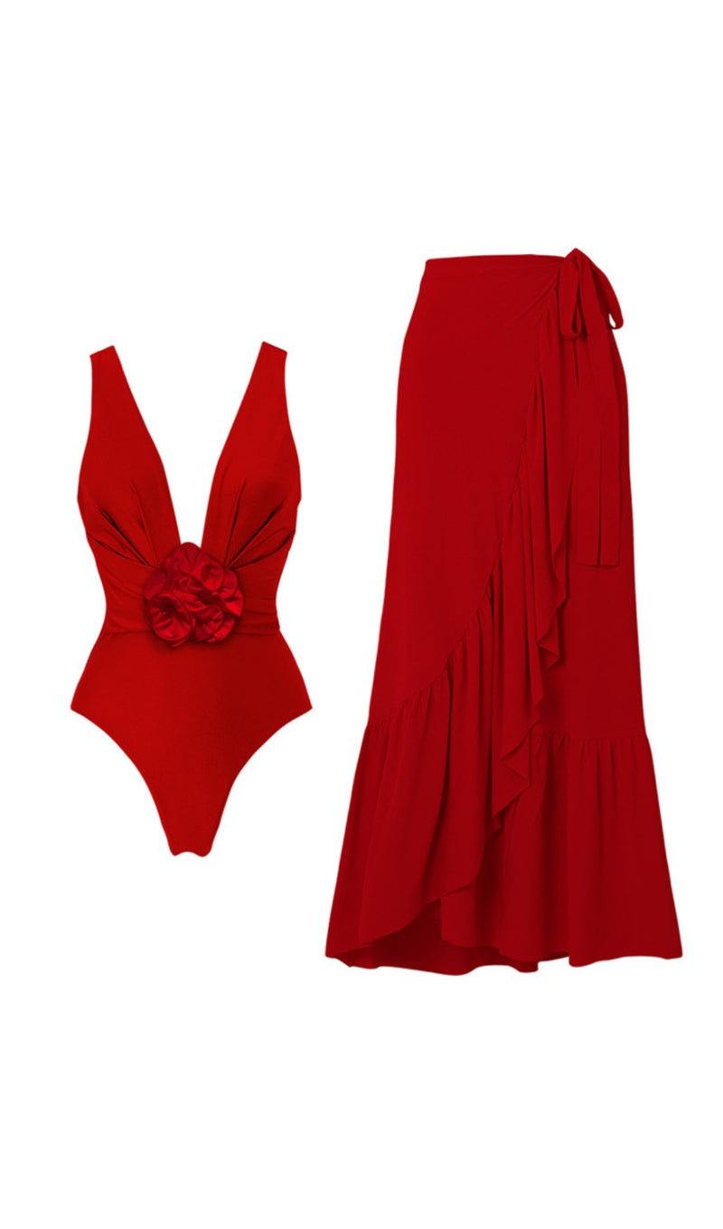 ARITZ RED V NECK FLOWER SWIMSUIT AND SKIRT-Fashionslee