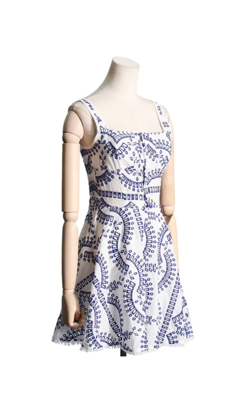 ACSAH BLUE EMBROIDERED HOLLOW MINI DRESS-Fashionslee