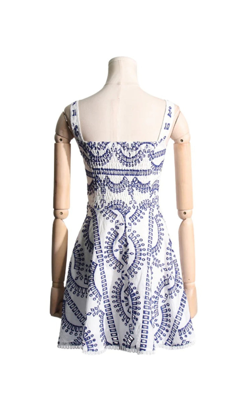 ACSAH BLUE EMBROIDERED HOLLOW MINI DRESS-Fashionslee
