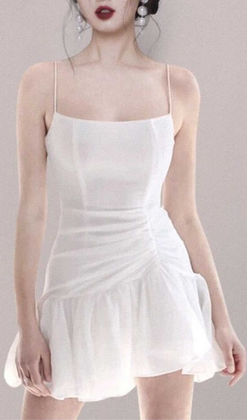 STRAPPY RUFFLED MINI DRESS IN WHITE-Fashionslee