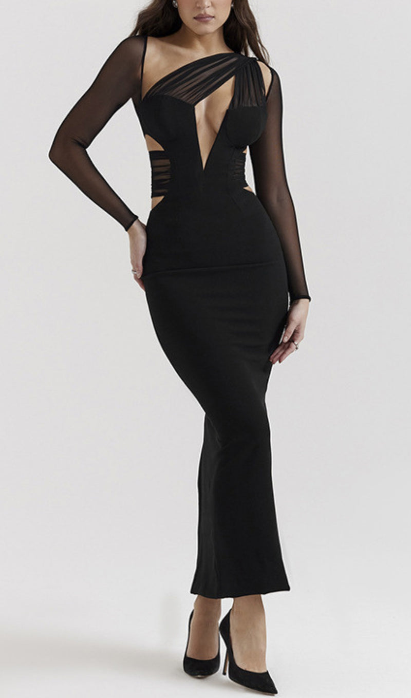 ANNETTE BLACK PLUNGE MAXI DRESS-Fashionslee