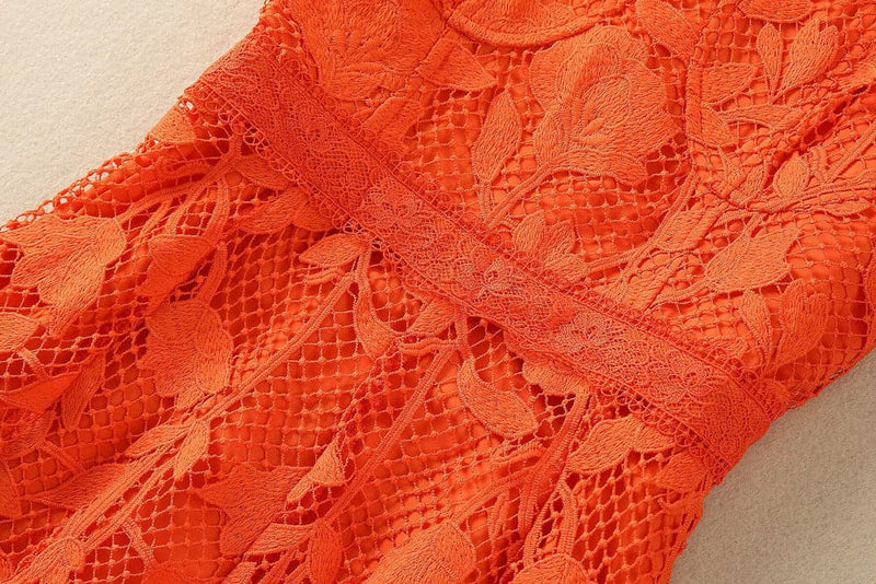 AAFJE ORANGE LACE MIDI DRESS-Fashionslee