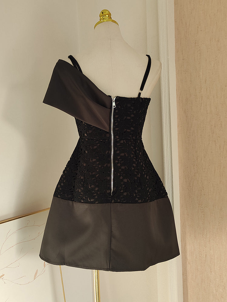 AKRITI BLACK HOLLOW LACE MINI DRESS-Fashionslee