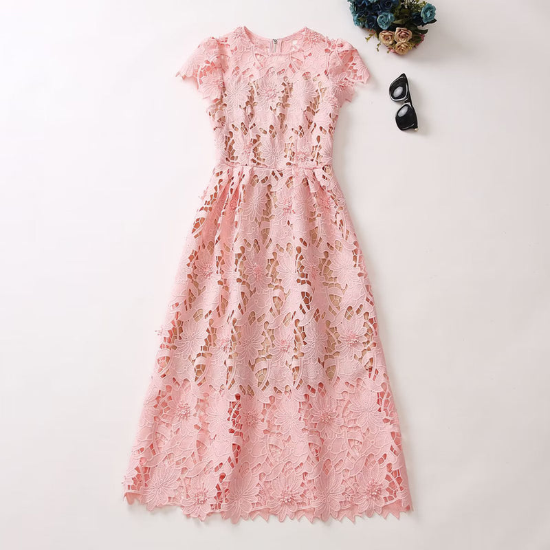 FLORAL LACE EMBROIDERED MIDI DRESS IN PINK
