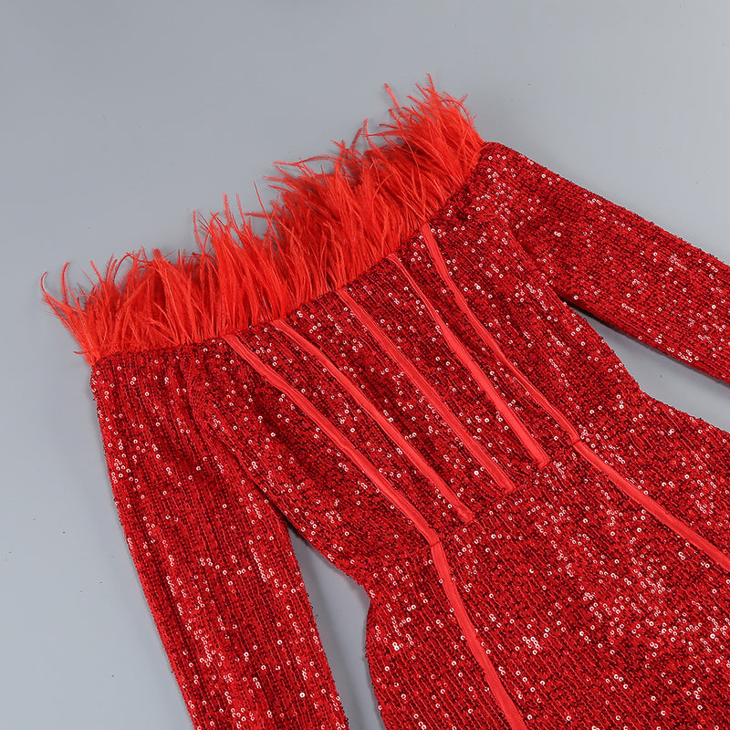 ALBINKA RED FEATHERS SEQUIN DRESS-Fashionslee