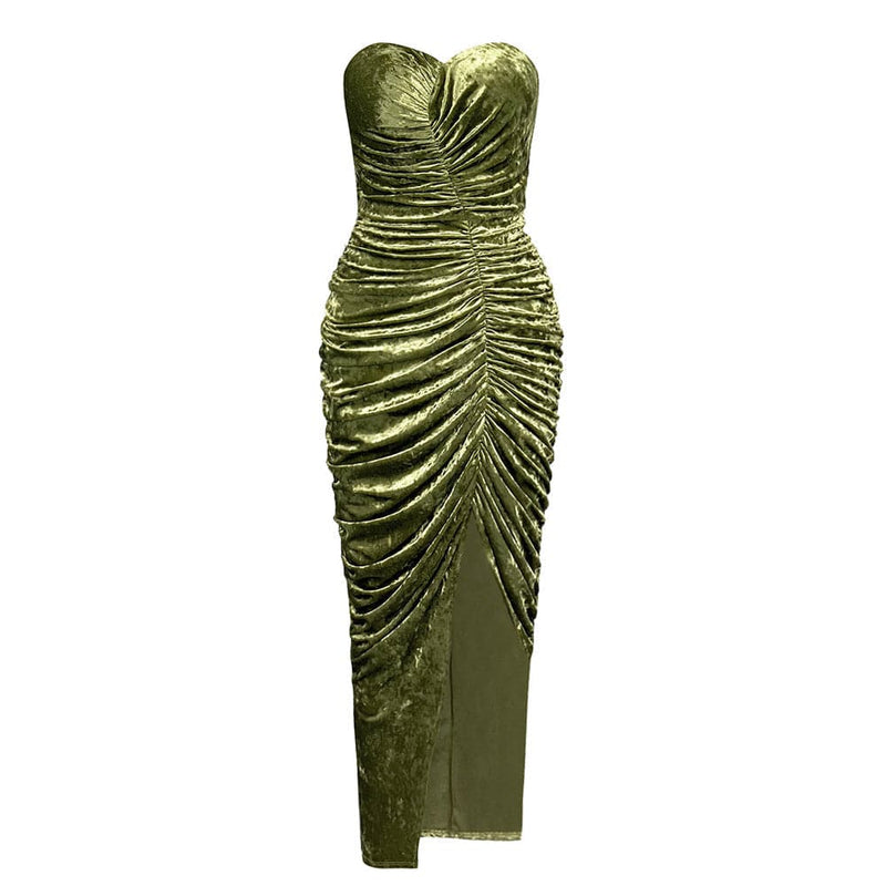 AHAVA GREEN VELVET SLIT MAXI DRESS-Fashionslee