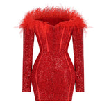 ALBINKA RED FEATHERS SEQUIN DRESS-Fashionslee