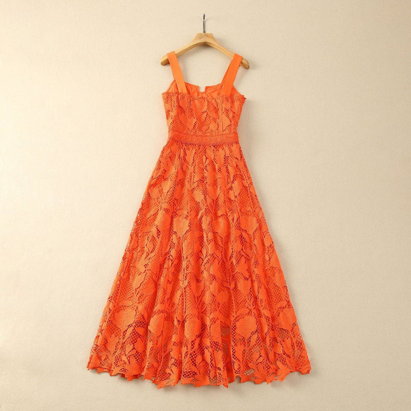 AAFJE ORANGE LACE MIDI DRESS-Fashionslee