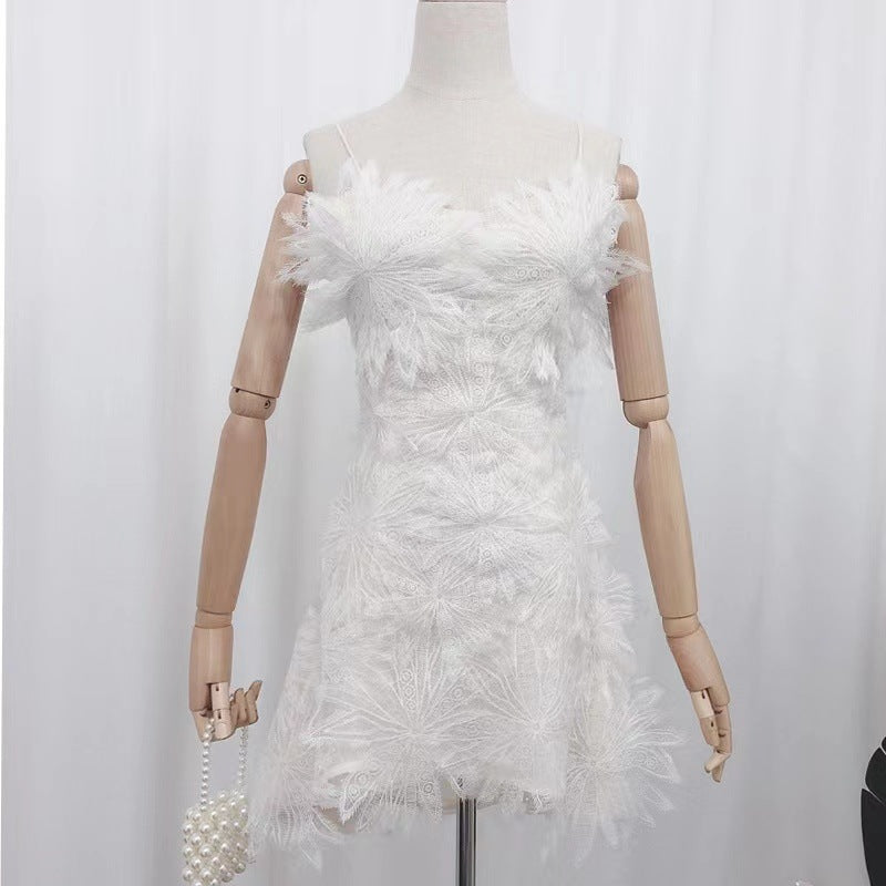 AINTZA WHITE FLORAL APPLIQUÉ MESH DRESS-Fashionslee