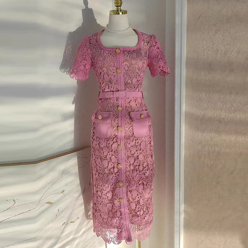 ANNA PINK GUIPURE LACE MIDI DRESS-Fashionslee