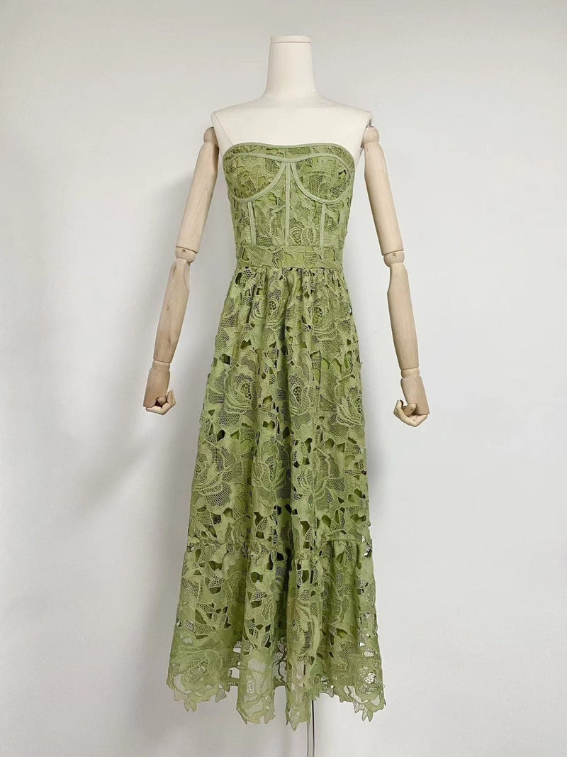 ARIS GREEN LACE BUSTIER MAXI DRESS-Fashionslee