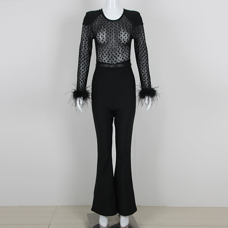 AYSEL BLACK FEATHER SEQUIN JUMPSUIT-Fashionslee