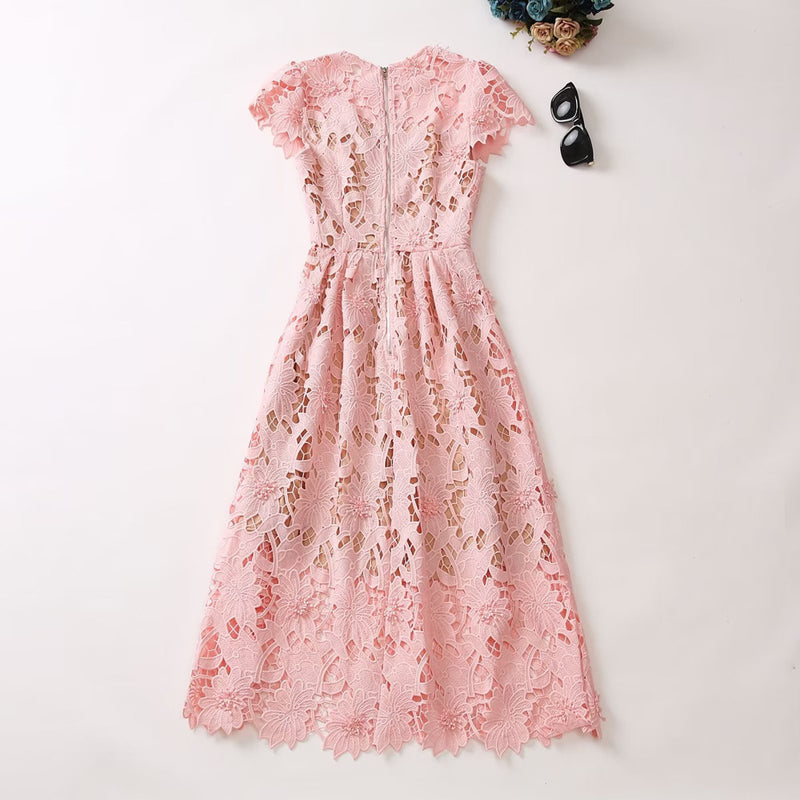 FLORAL LACE EMBROIDERED MIDI DRESS IN PINK