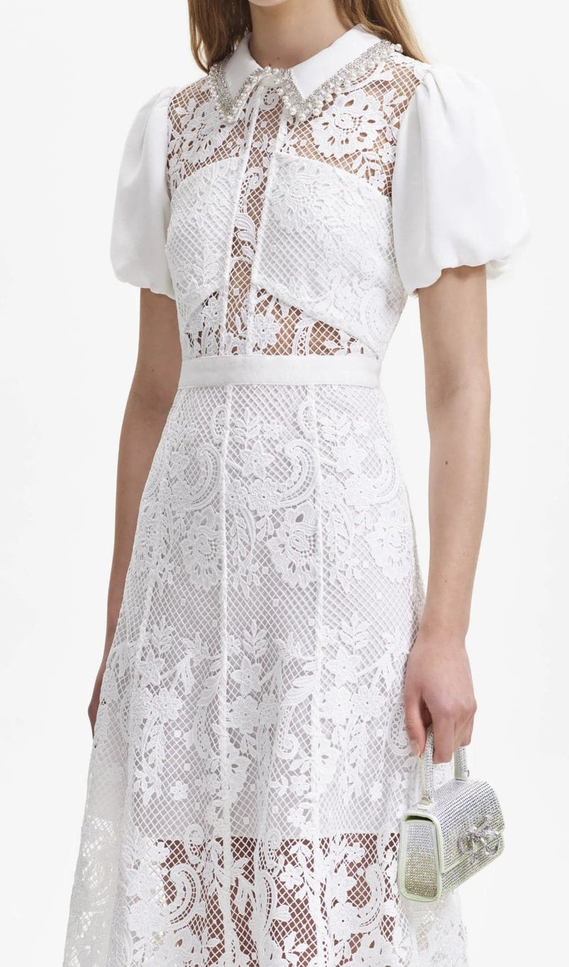 ABISHAG WHITE LACE DIAMANTE MIDI DRESS-Fashionslee