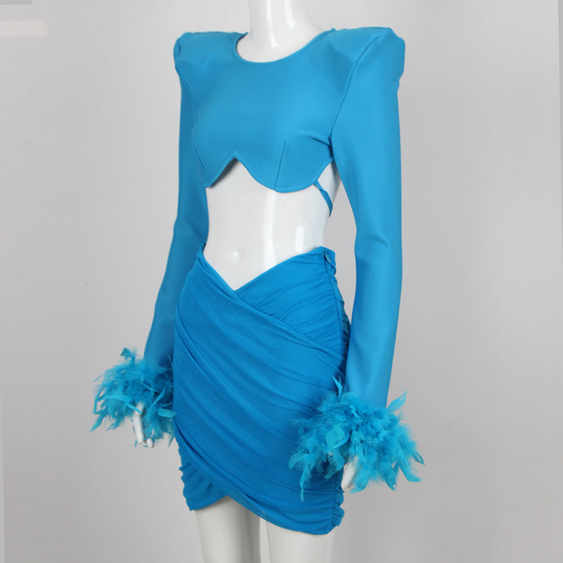 ADIVA BLUE FEATHER BLOUSE PLEATED DRESS-Fashionslee