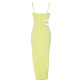 SATIN CUT OUT V NECK MIDI DRESS IN YELLOW-Fashionslee