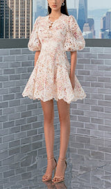 PUFF SLEEVES CUT-OUT BACKLESS FLORAL MINI DRESS-Fashionslee