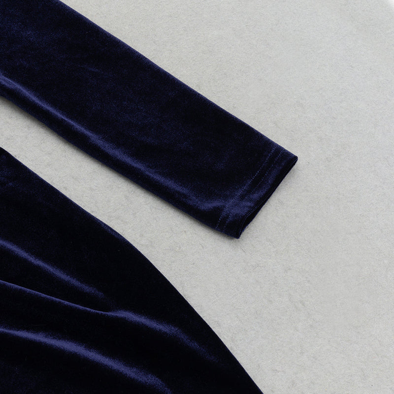 DARK BLUE HALF-HIGH COLLAR LONG-SLEEVED HOLLOW TIGHT SLIT MAXI DRESS-Fashionslee