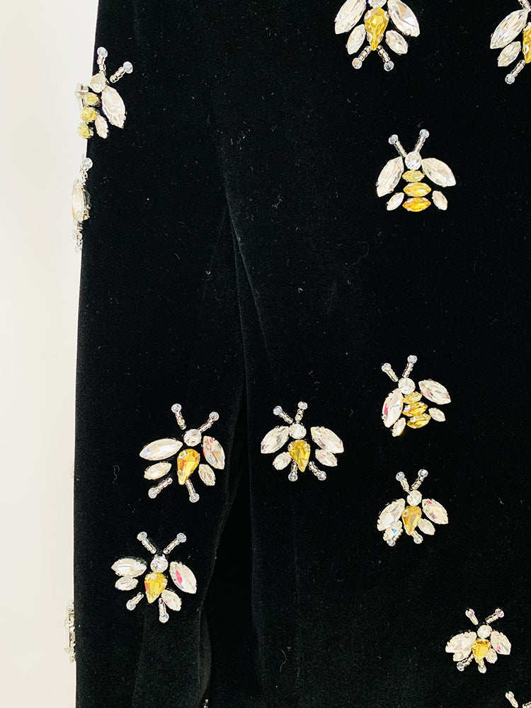 BLACK VELVET BLAZER JACKET WITH RHINESTONE BEES-Fashionslee