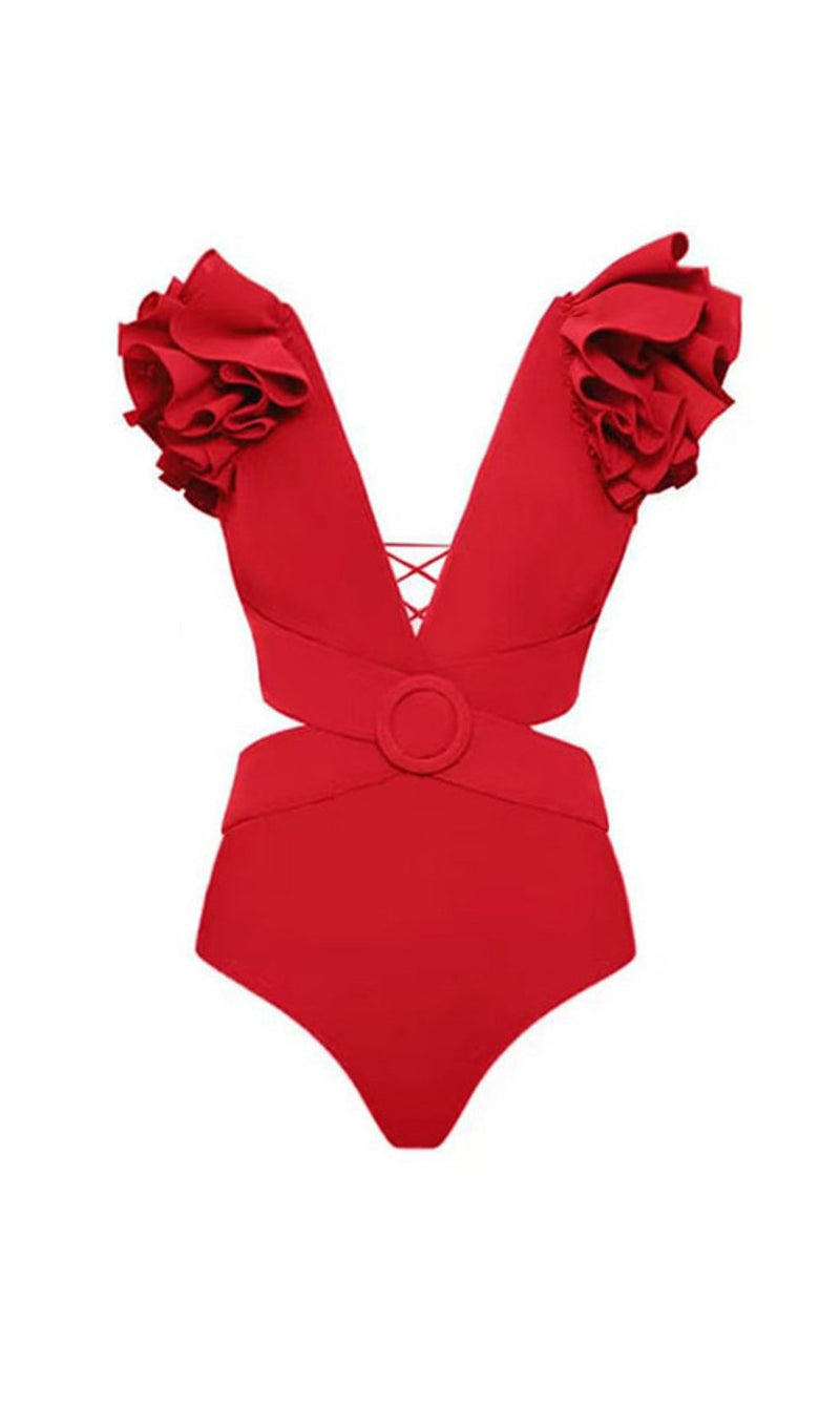 DEEP V RED CUTOUT ONE PIECE SWIMSUIT AND SKIRT-Fashionslee