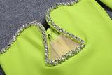GREEN V-NECK OFF-SHOULDER LONG-SLEEVED MESH DIAMOND BANDAGE DRESS-Fashionslee